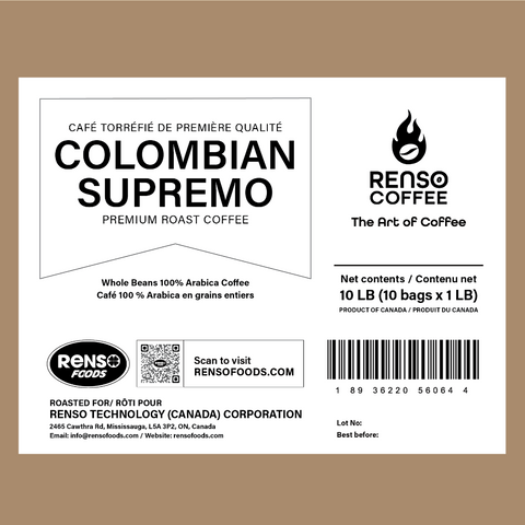 Renso Coffee, Colombian Supremo, 100% Arabica, Whole Bean, Case